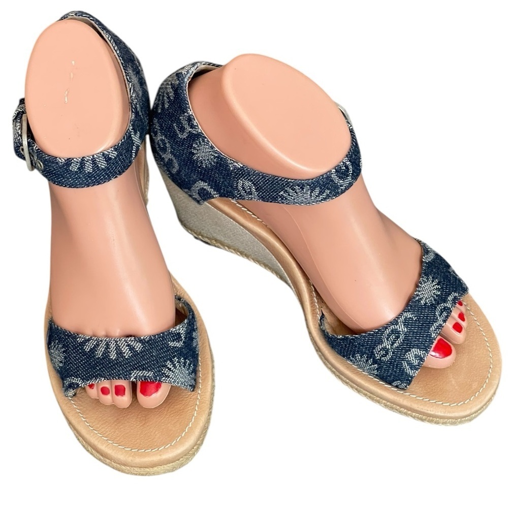 Ugg Atasha Monogram Denim Wedge Sandals size 8